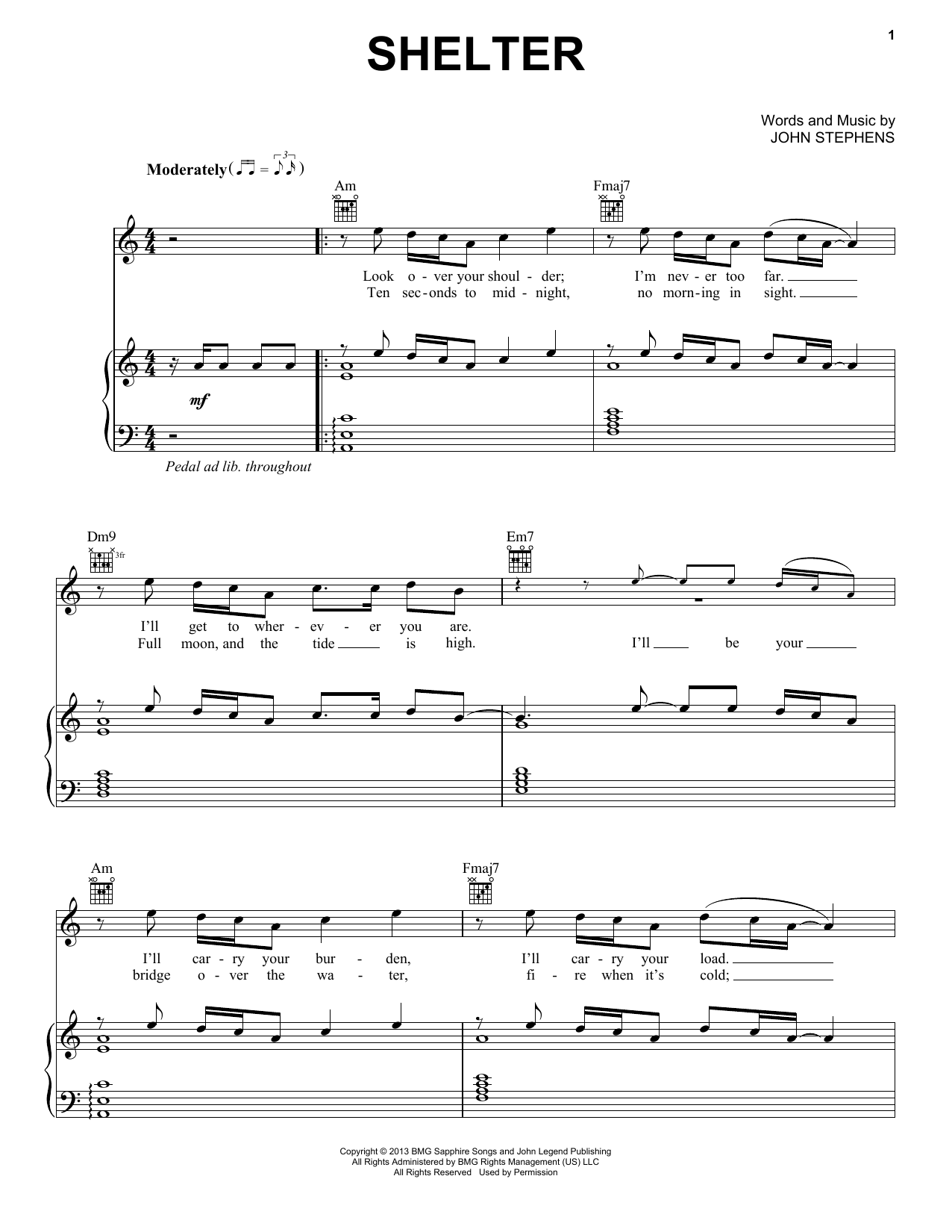 John Legend Shelter sheet music notes and chords arranged for Piano, Vocal & Guitar Chords (Right-Hand Melody)
