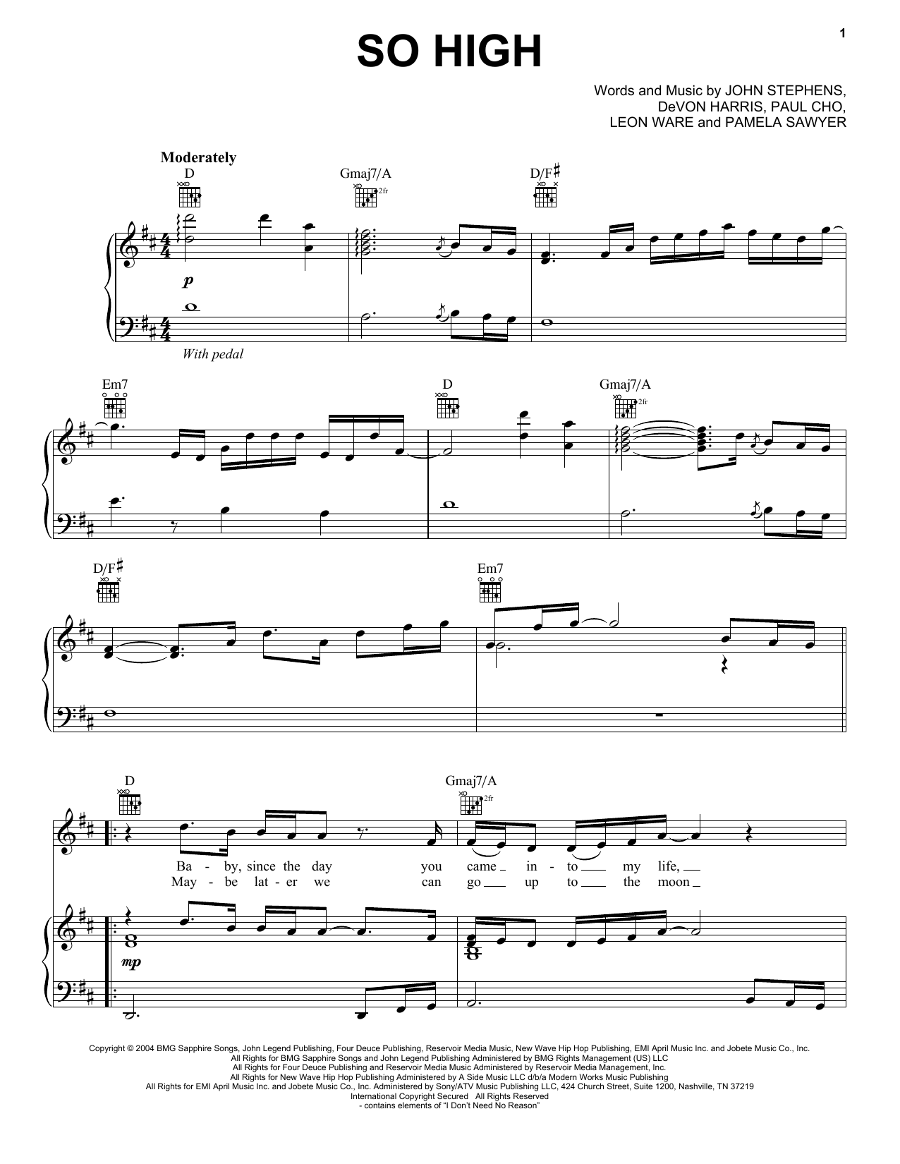 John Legend So High sheet music notes and chords arranged for Piano Solo