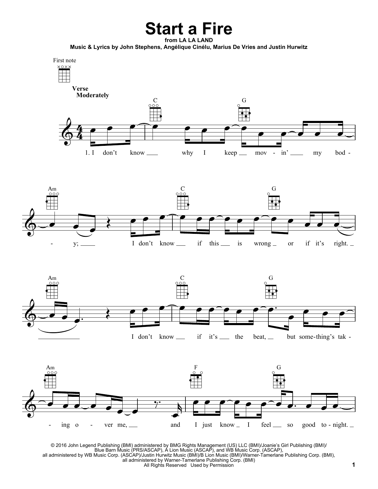 John Legend Start A Fire (from La La Land) sheet music notes and chords arranged for Ukulele