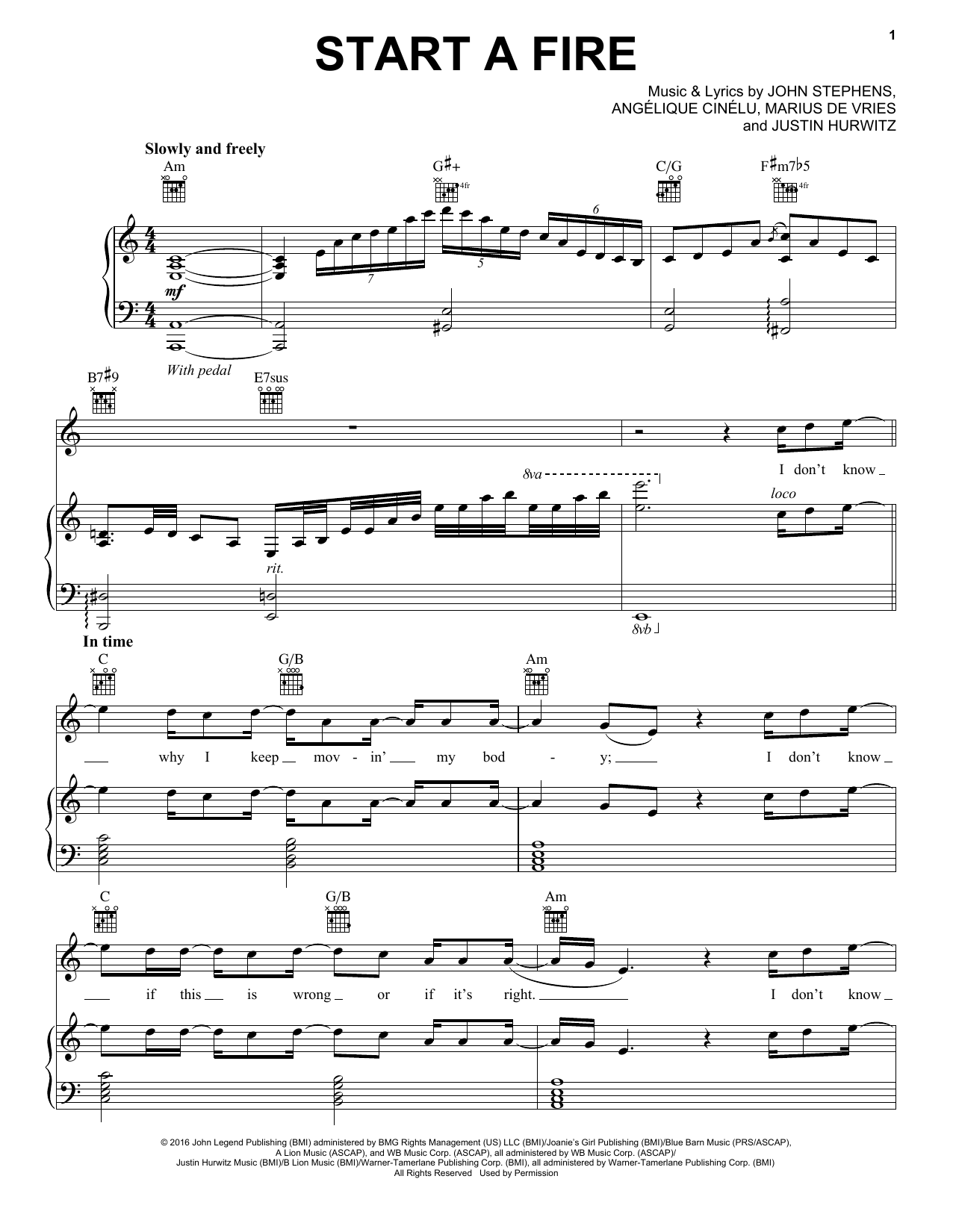 John Legend Start A Fire sheet music notes and chords arranged for Piano & Vocal