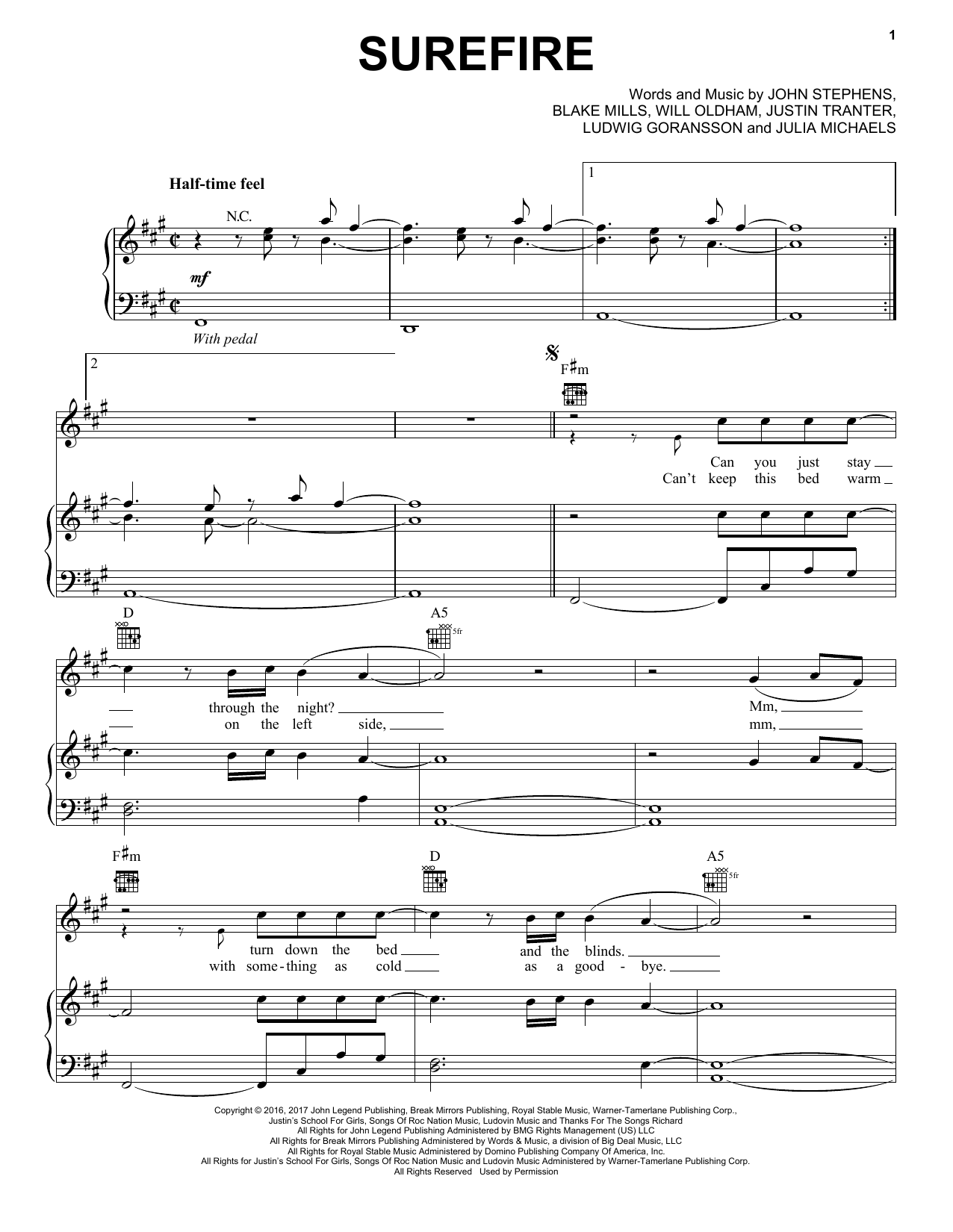 John Legend Surefire sheet music notes and chords arranged for Piano, Vocal & Guitar Chords (Right-Hand Melody)
