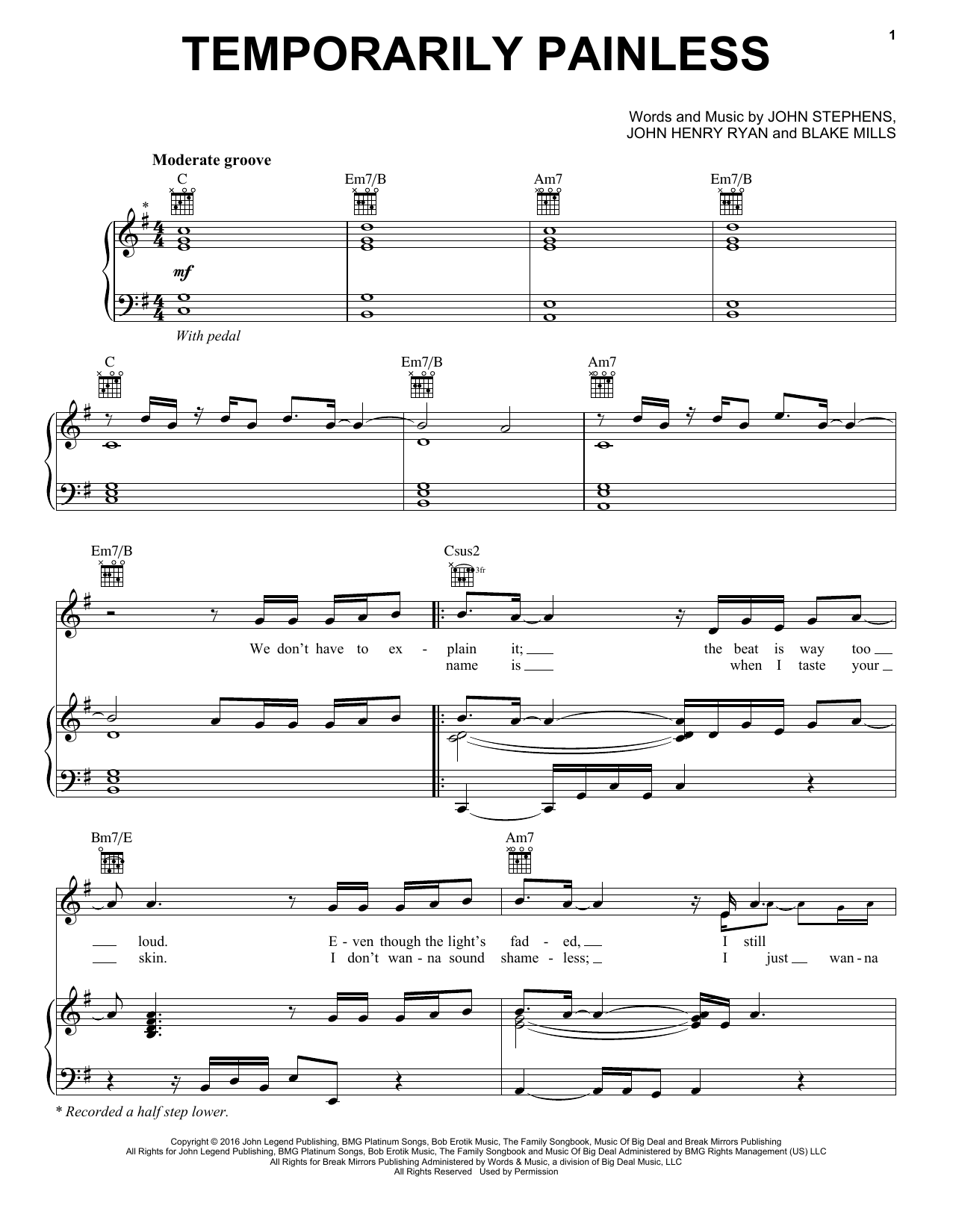 John Legend Temporarily Painless sheet music notes and chords arranged for Piano, Vocal & Guitar Chords (Right-Hand Melody)