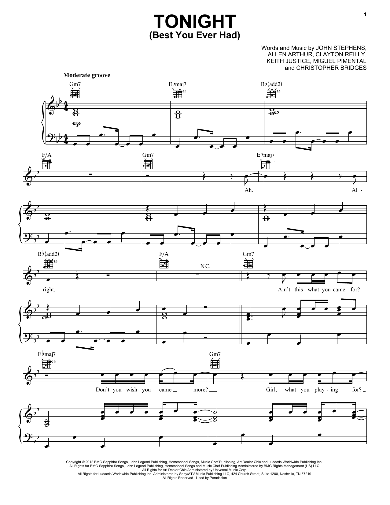 John Legend Tonight (Best You Ever Had) sheet music notes and chords arranged for Piano, Vocal & Guitar Chords (Right-Hand Melody)