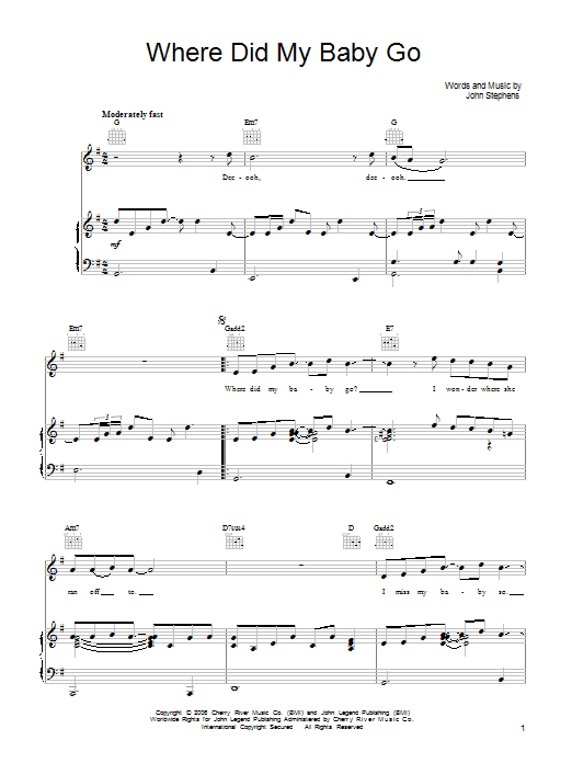 John Legend Where Did My Baby Go sheet music notes and chords arranged for Piano, Vocal & Guitar Chords (Right-Hand Melody)