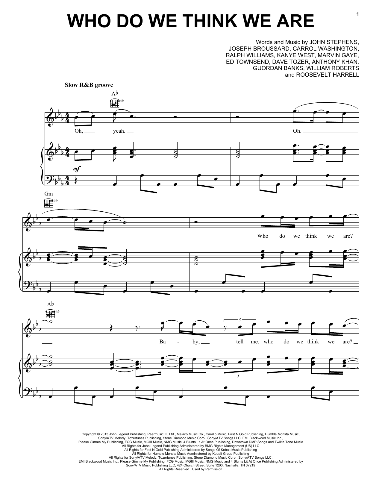 John Legend Who Do We Think We Are sheet music notes and chords arranged for Piano, Vocal & Guitar Chords (Right-Hand Melody)