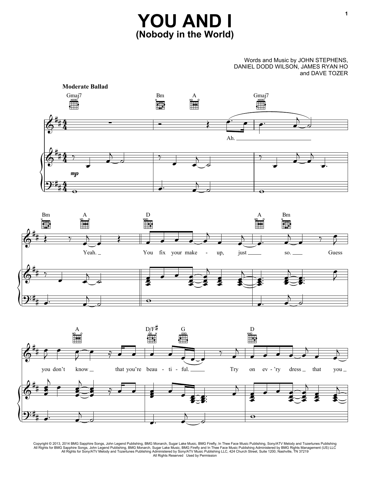 John Legend You And I (Nobody In The World) sheet music notes and chords arranged for Piano, Vocal & Guitar Chords (Right-Hand Melody)
