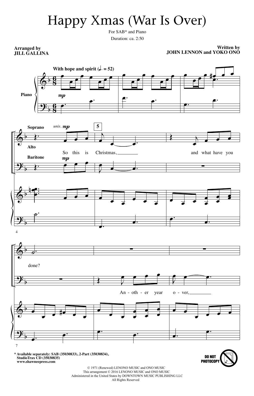 John Lennon Happy Xmas (War Is Over) (arr. Jill Gallina) sheet music notes and chords arranged for SAB Choir