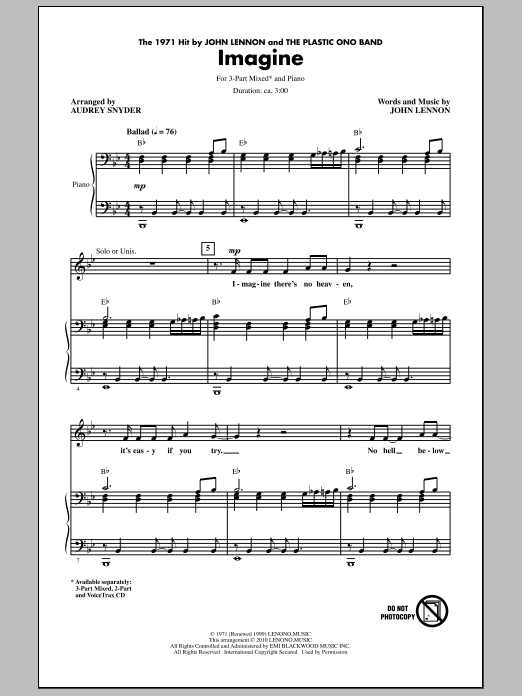 John Lennon Imagine (arr. Audrey Snyder) sheet music notes and chords arranged for 3-Part Mixed Choir