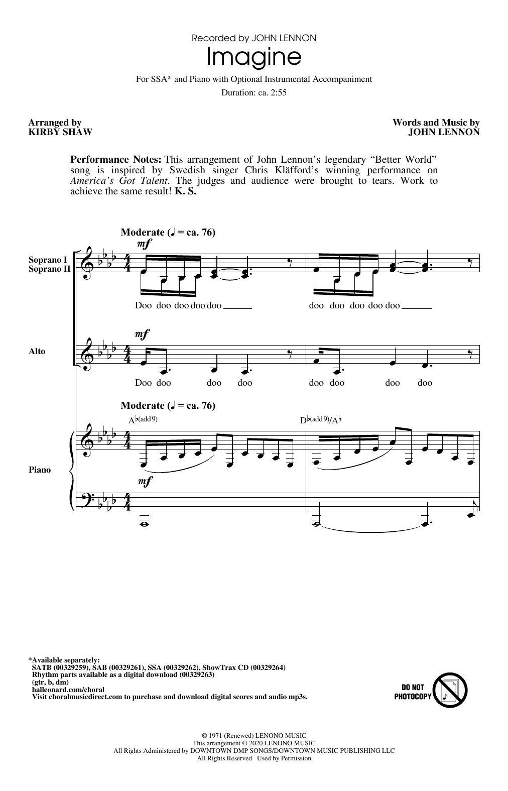 John Lennon Imagine (arr. Kirby Shaw) sheet music notes and chords arranged for SSA Choir