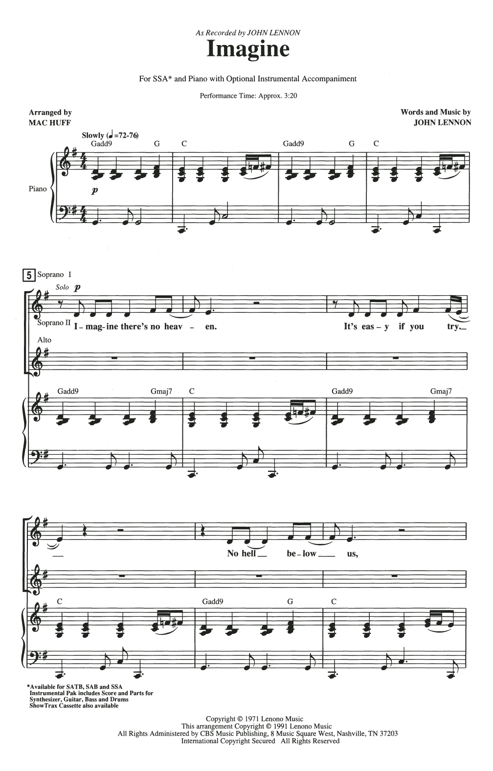 John Lennon Imagine (arr. Mac Huff) sheet music notes and chords arranged for SAB Choir