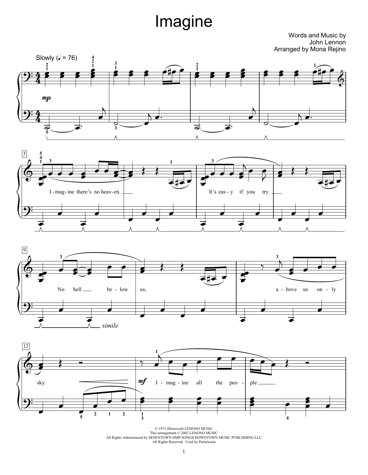 John Lennon Imagine (arr. Mona Rejino) sheet music notes and chords arranged for Educational Piano