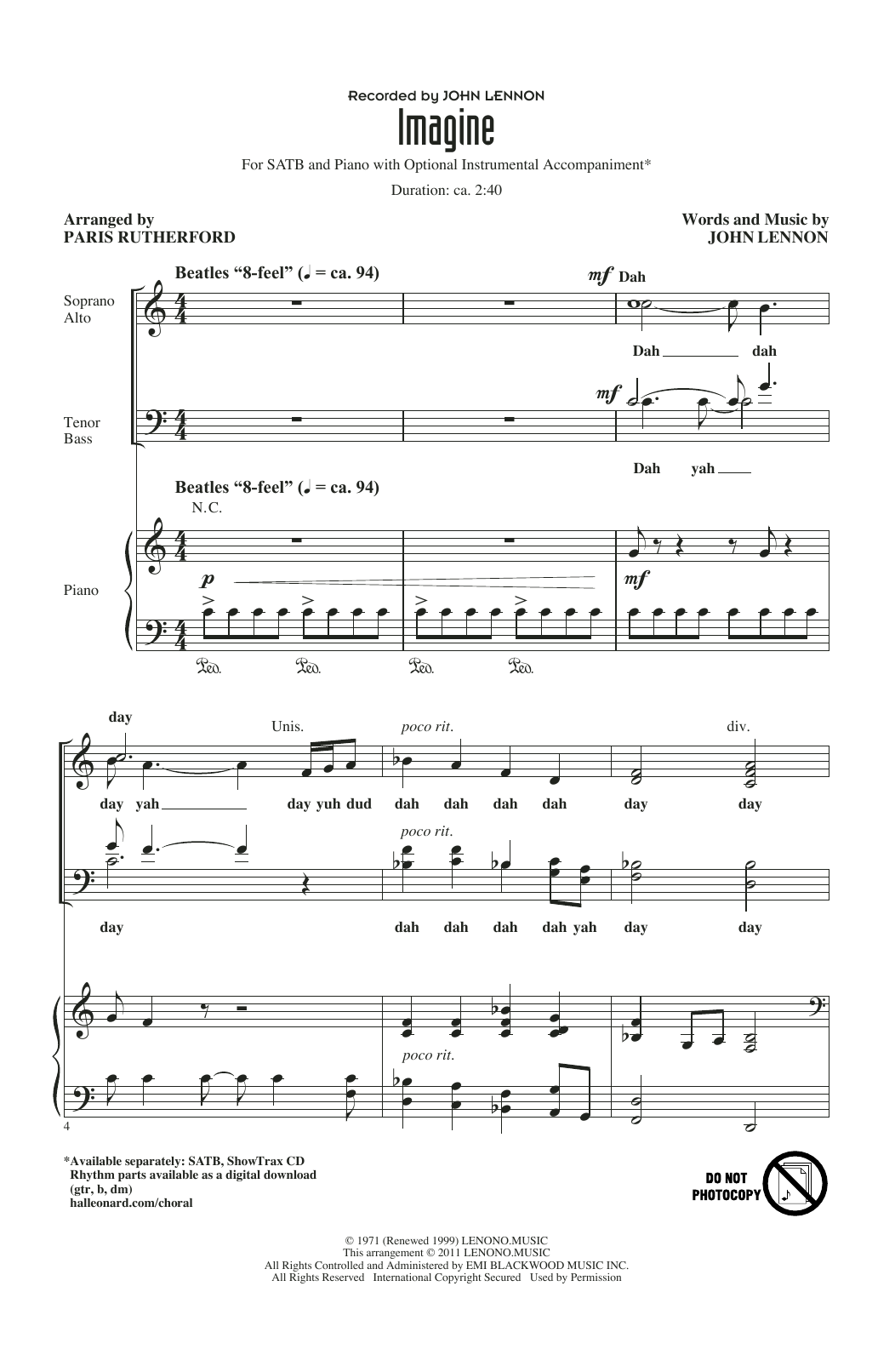 John Lennon Imagine (arr. Paris Rutherford) sheet music notes and chords arranged for SATB Choir