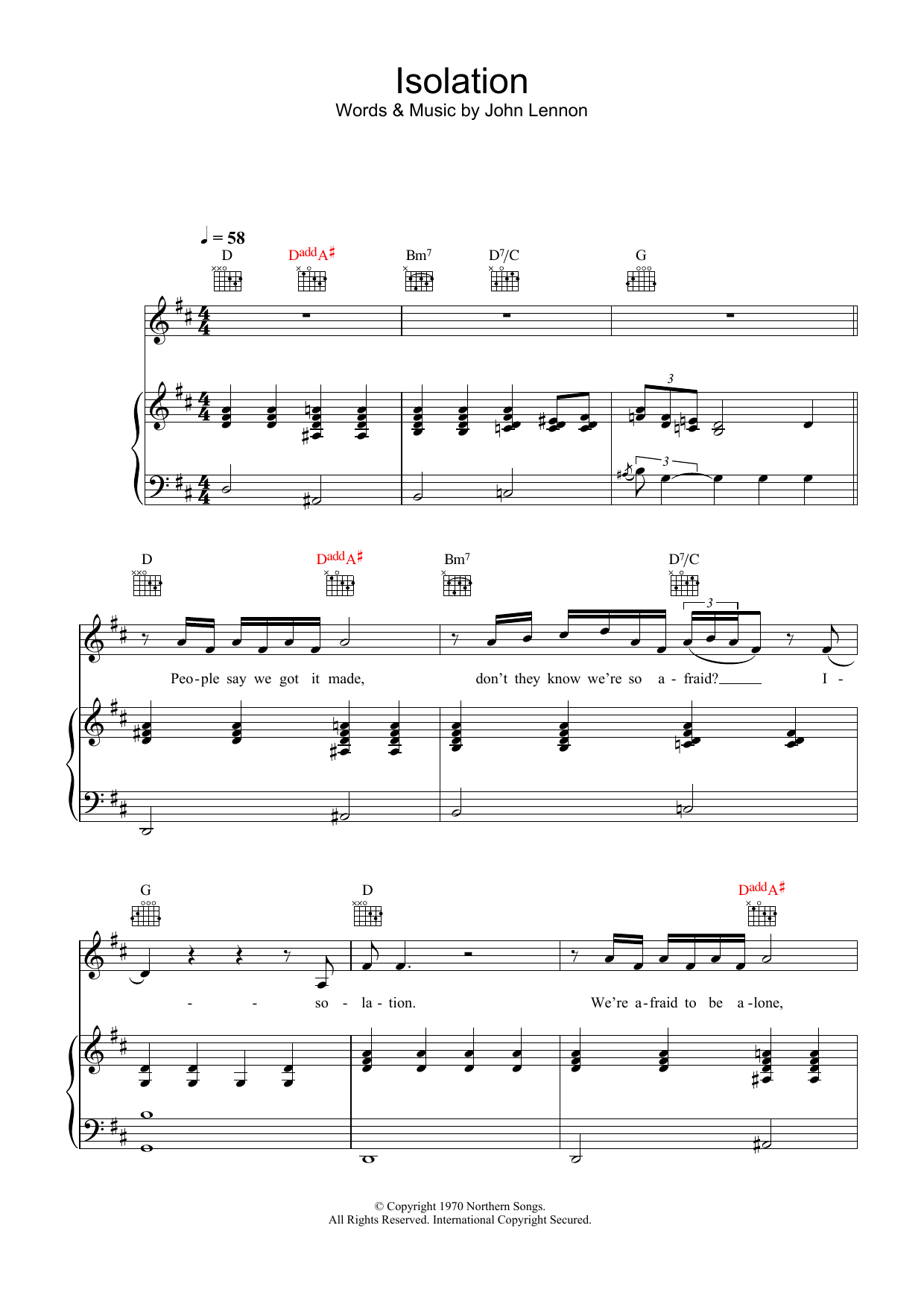 John Lennon Isolation sheet music notes and chords arranged for Piano, Vocal & Guitar Chords