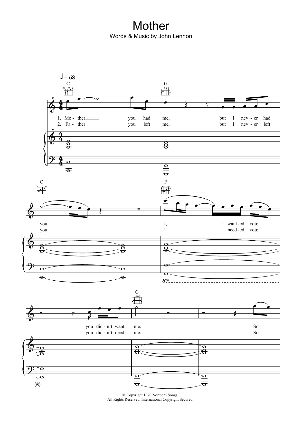 John Lennon Mother sheet music notes and chords arranged for Easy Piano
