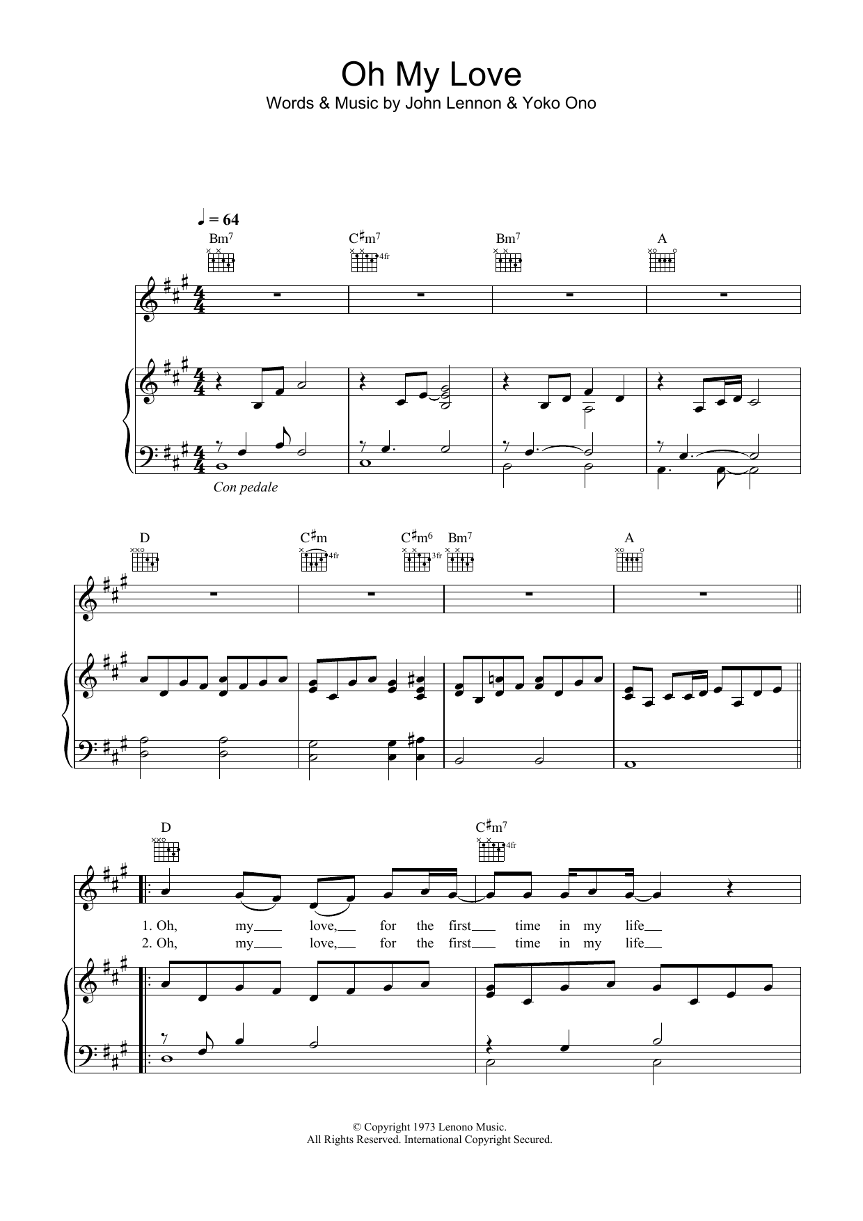 John Lennon Oh My Love sheet music notes and chords arranged for Piano, Vocal & Guitar Chords