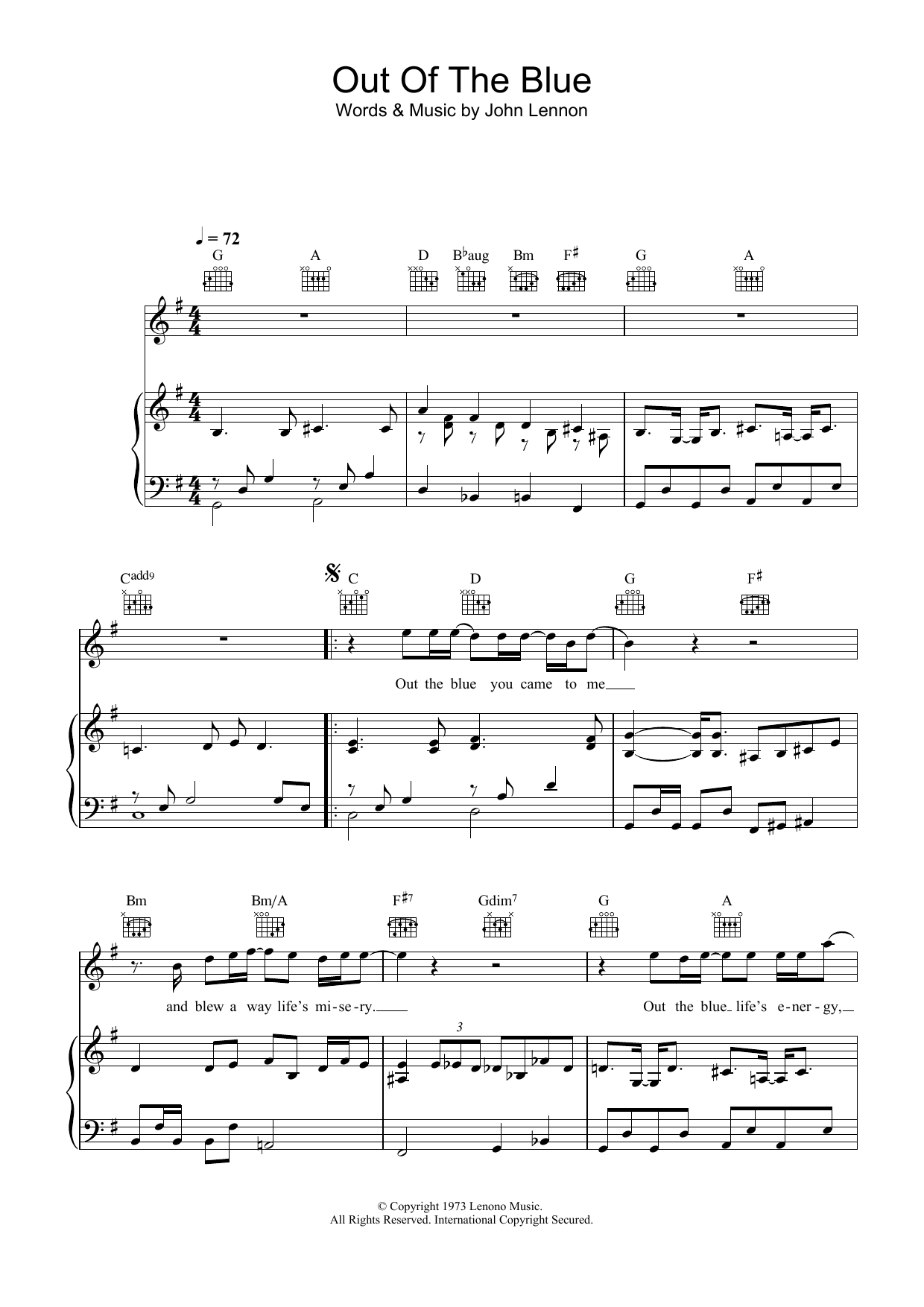 John Lennon Out The Blue sheet music notes and chords arranged for Piano, Vocal & Guitar Chords