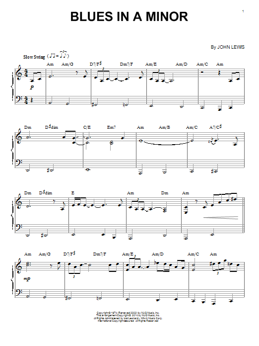 John Lewis Blues In A Minor sheet music notes and chords arranged for Piano Solo