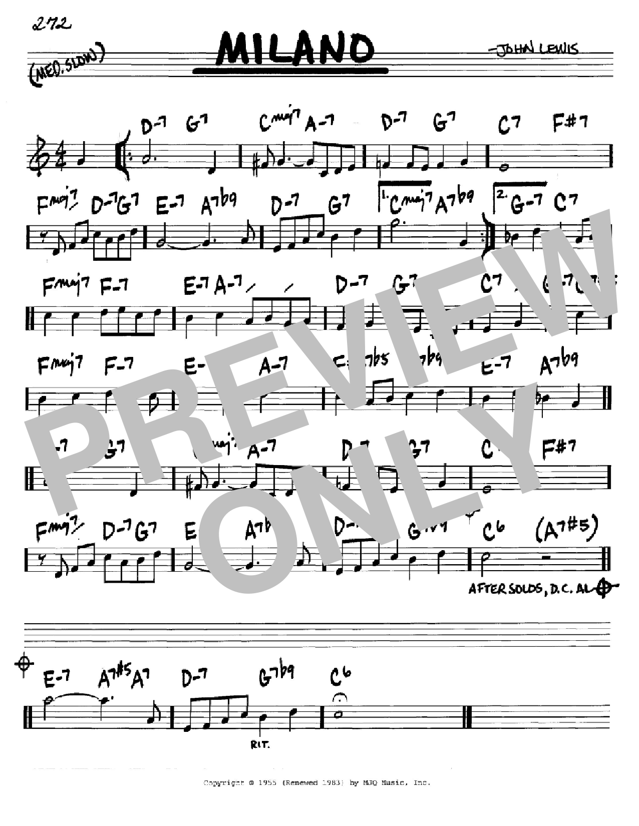 John Lewis Milano sheet music notes and chords arranged for Real Book – Melody & Chords – Eb Instruments