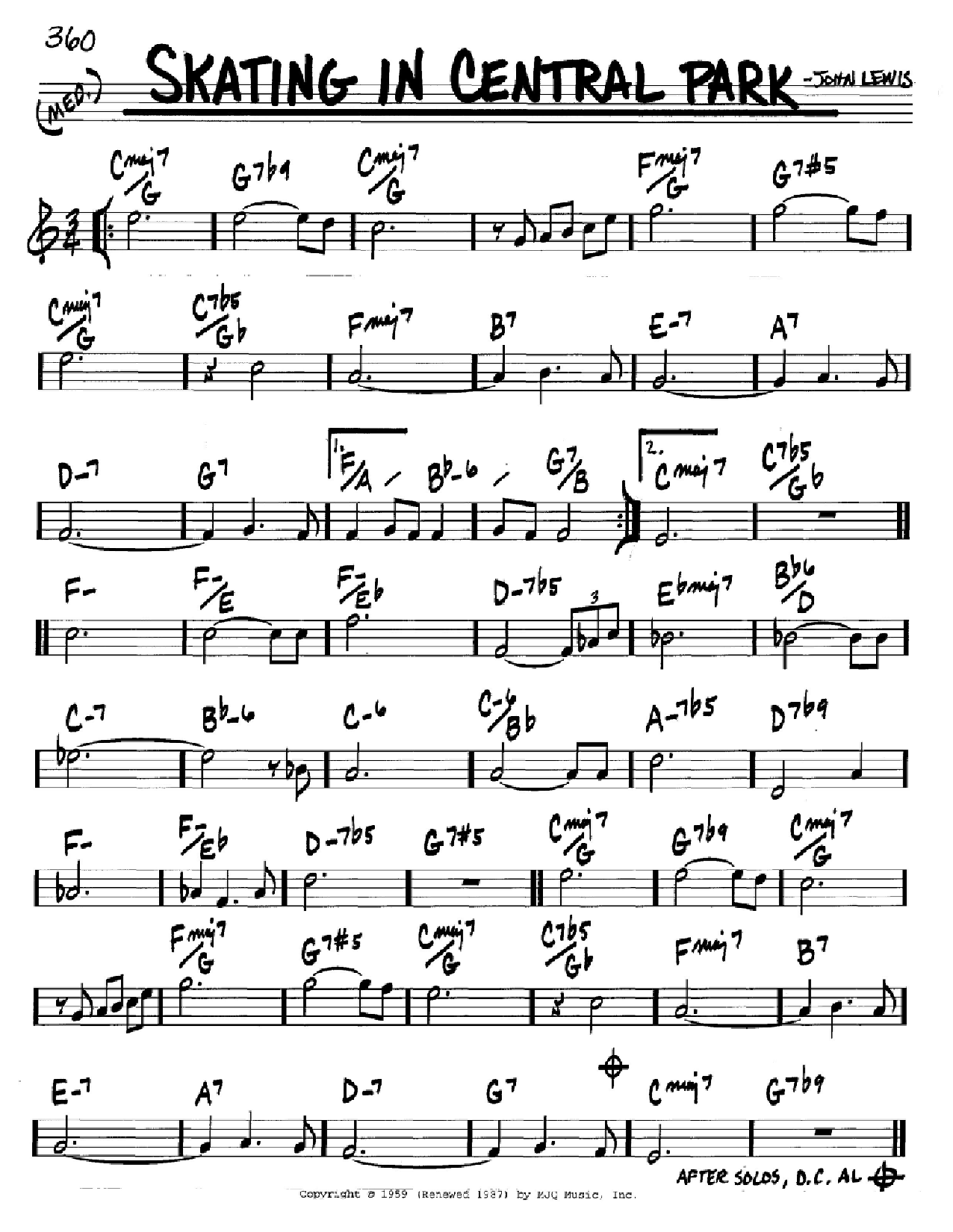 John Lewis Skating In Central Park sheet music notes and chords arranged for Real Book – Melody & Chords – C Instruments
