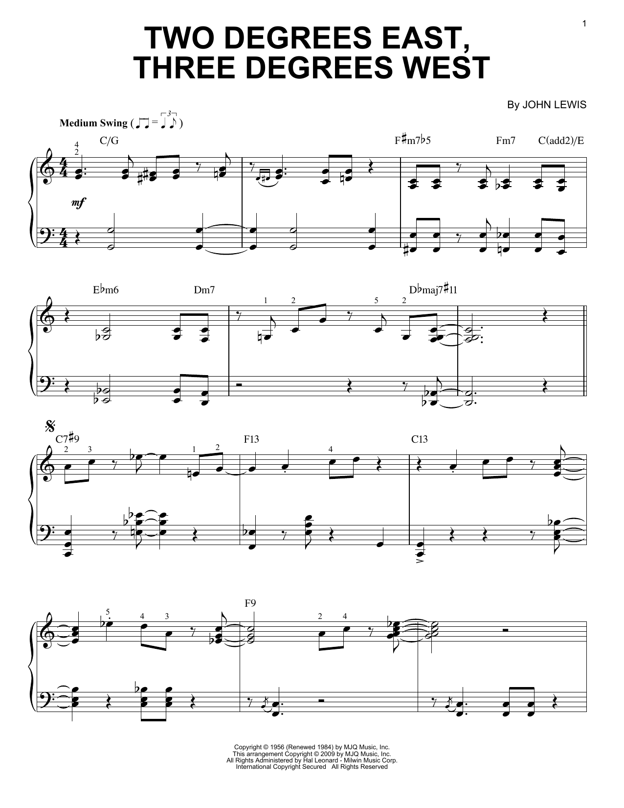 John Lewis Two Degrees East, Three Degrees West [Jazz version] sheet music notes and chords arranged for Piano Solo
