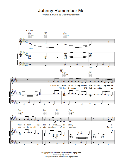 John Leyton Johnny Remember Me sheet music notes and chords arranged for Guitar Chords/Lyrics