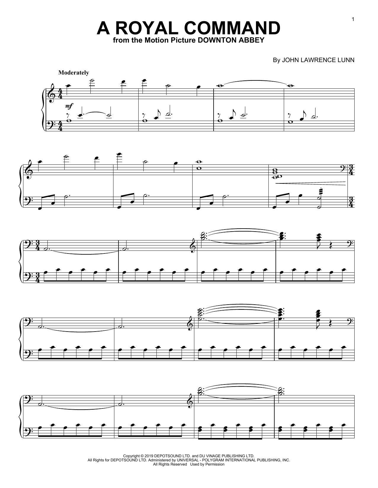 John Lunn A Royal Command (from the Motion Picture Downton Abbey) sheet music notes and chords arranged for Piano Solo