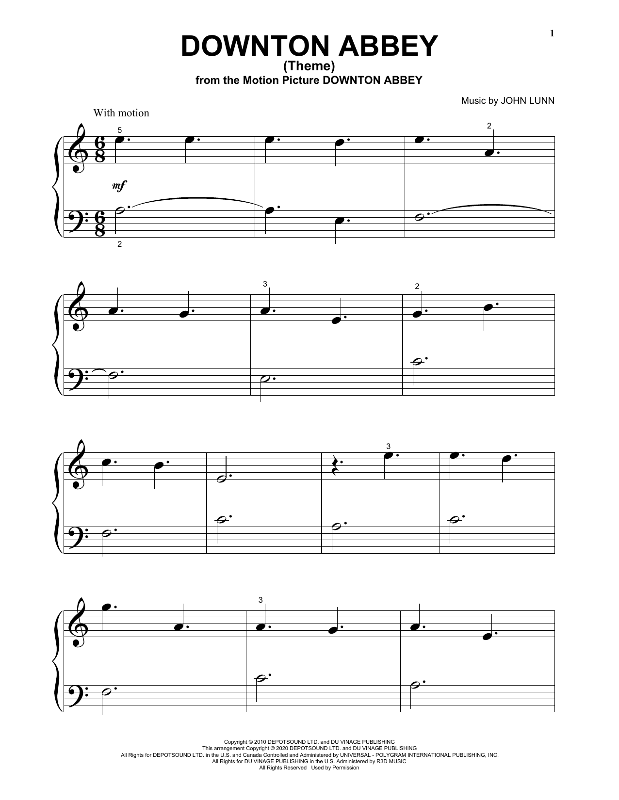 John Lunn Downton Abbey (Theme) (from the Motion Picture Downton Abbey) sheet music notes and chords arranged for Big Note Piano