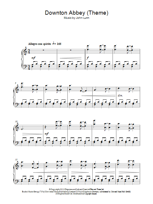 John Lunn Downton Abbey (Theme) sheet music notes and chords arranged for Very Easy Piano