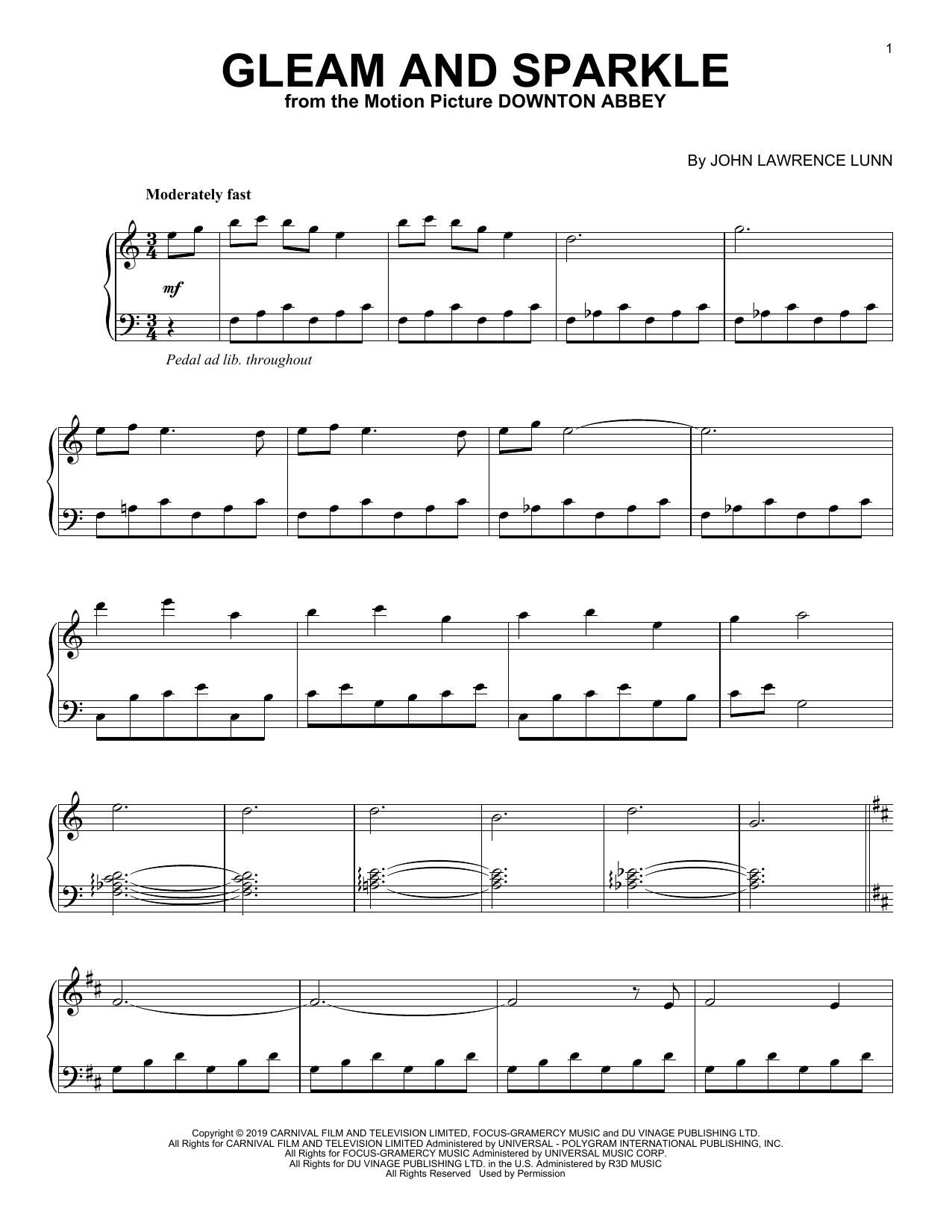 John Lunn Gleam And Sparkle (from the Motion Picture Downton Abbey) sheet music notes and chords arranged for Piano Solo