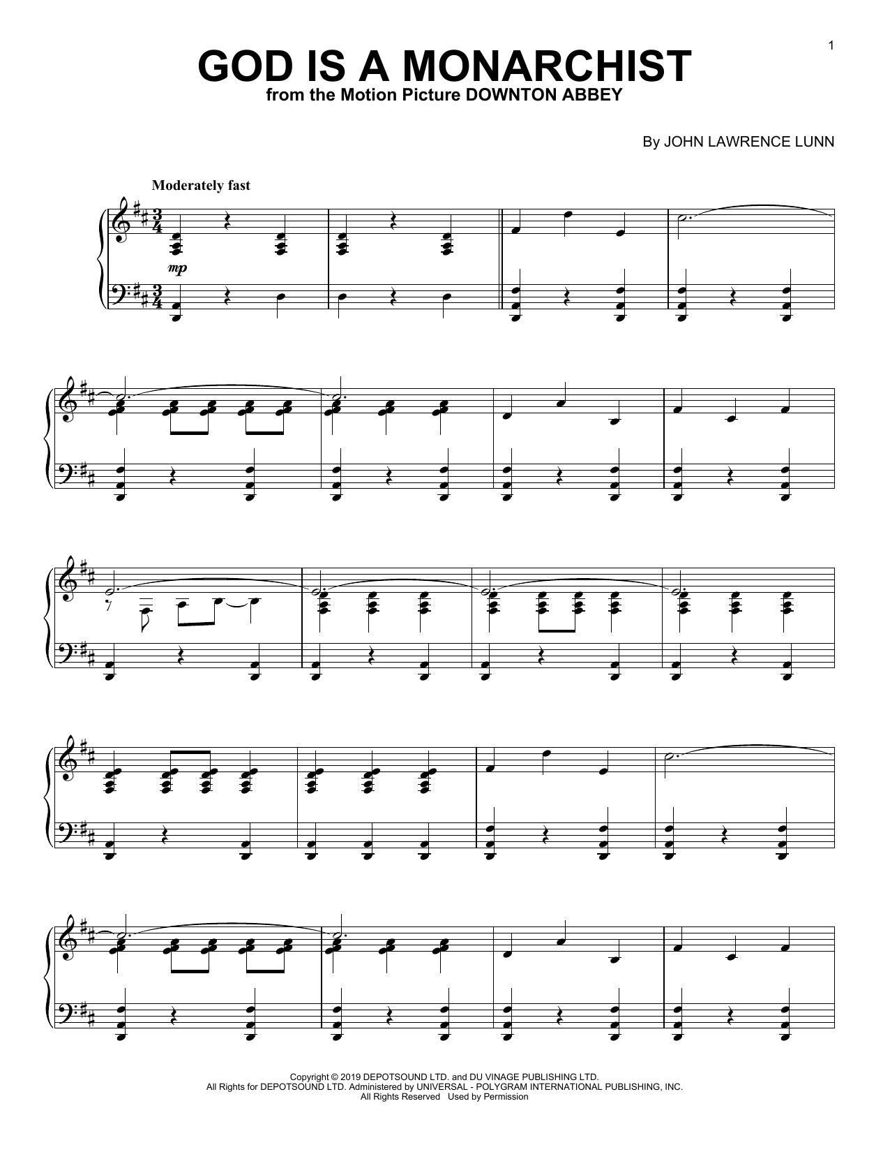 John Lunn God Is A Monarchist (from the Motion Picture Downton Abbey) sheet music notes and chords arranged for Piano Solo
