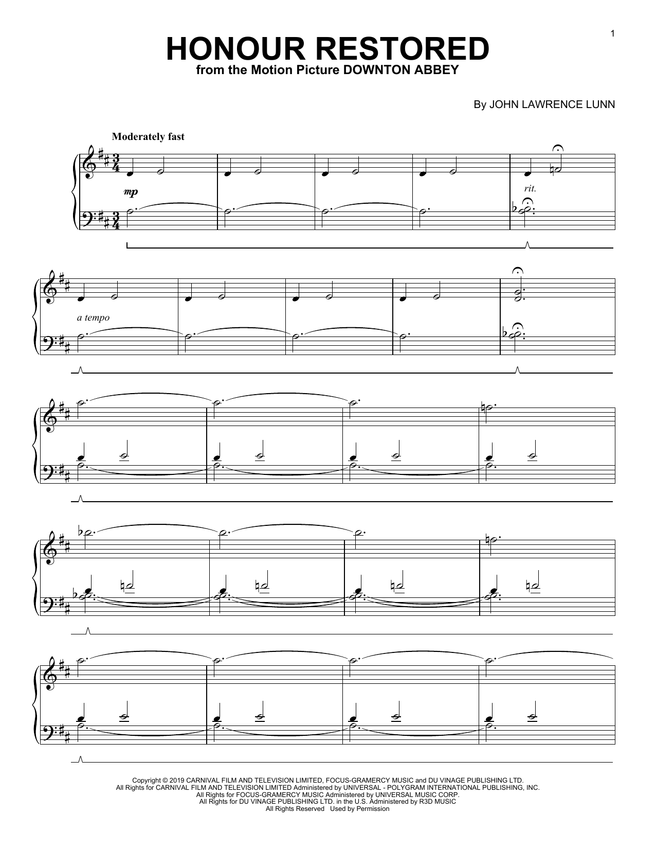 John Lunn Honour Restored (from the Motion Picture Downton Abbey) sheet music notes and chords arranged for Piano Solo
