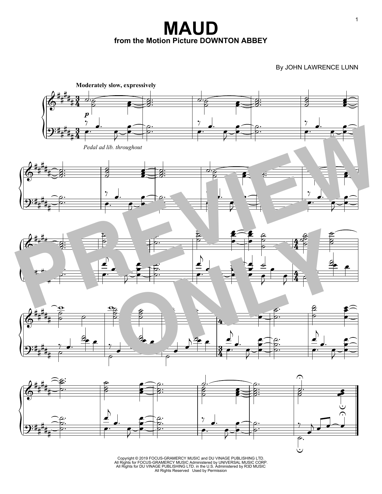 John Lunn Maud (from the Motion Picture Downton Abbey) sheet music notes and chords arranged for Piano Solo