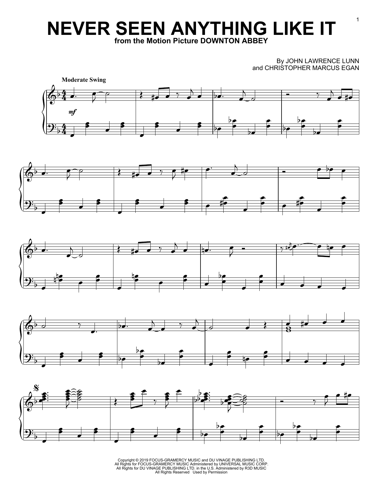John Lunn Never Seen Anything Like It (from the Motion Picture Downton Abbey) sheet music notes and chords arranged for Piano Solo