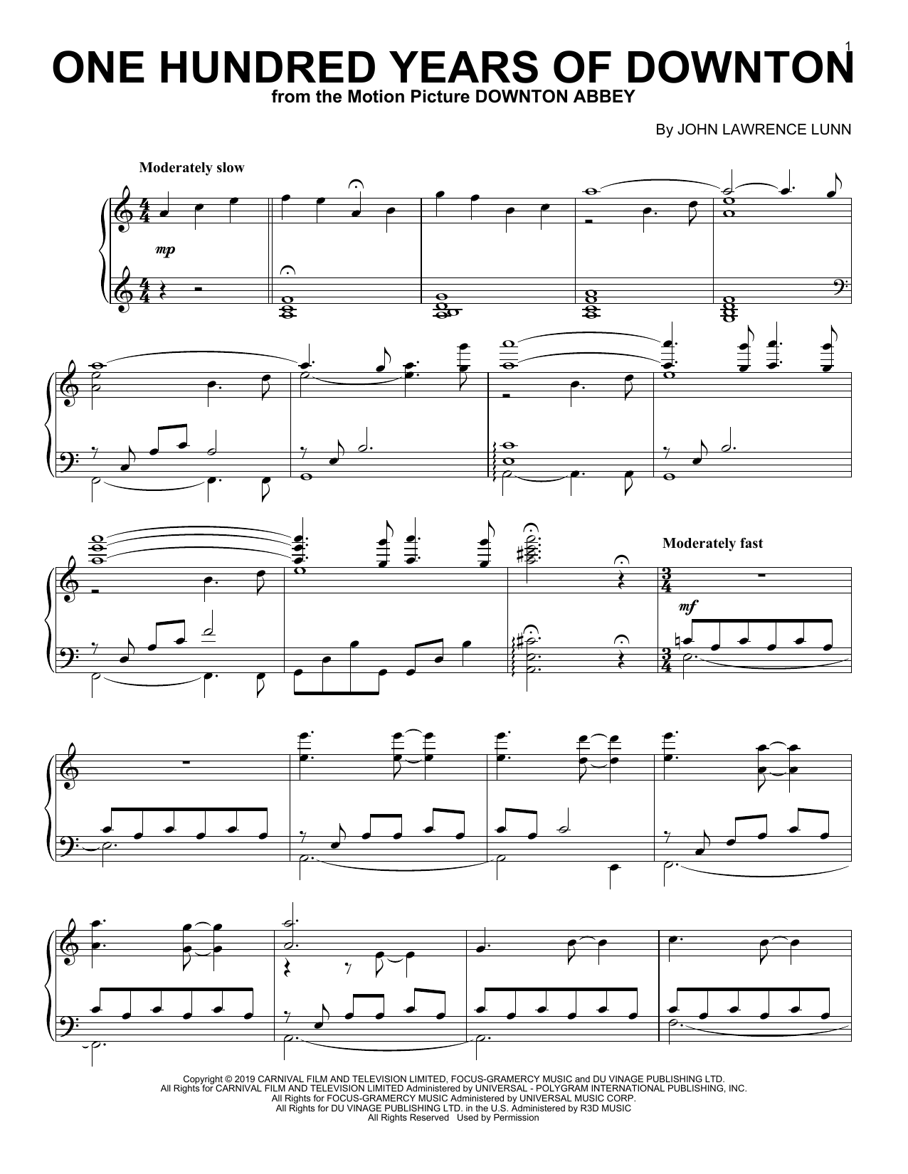 John Lunn One Hundred Years Of Downton (from the Motion Picture Downton Abbey) sheet music notes and chords arranged for Piano Solo
