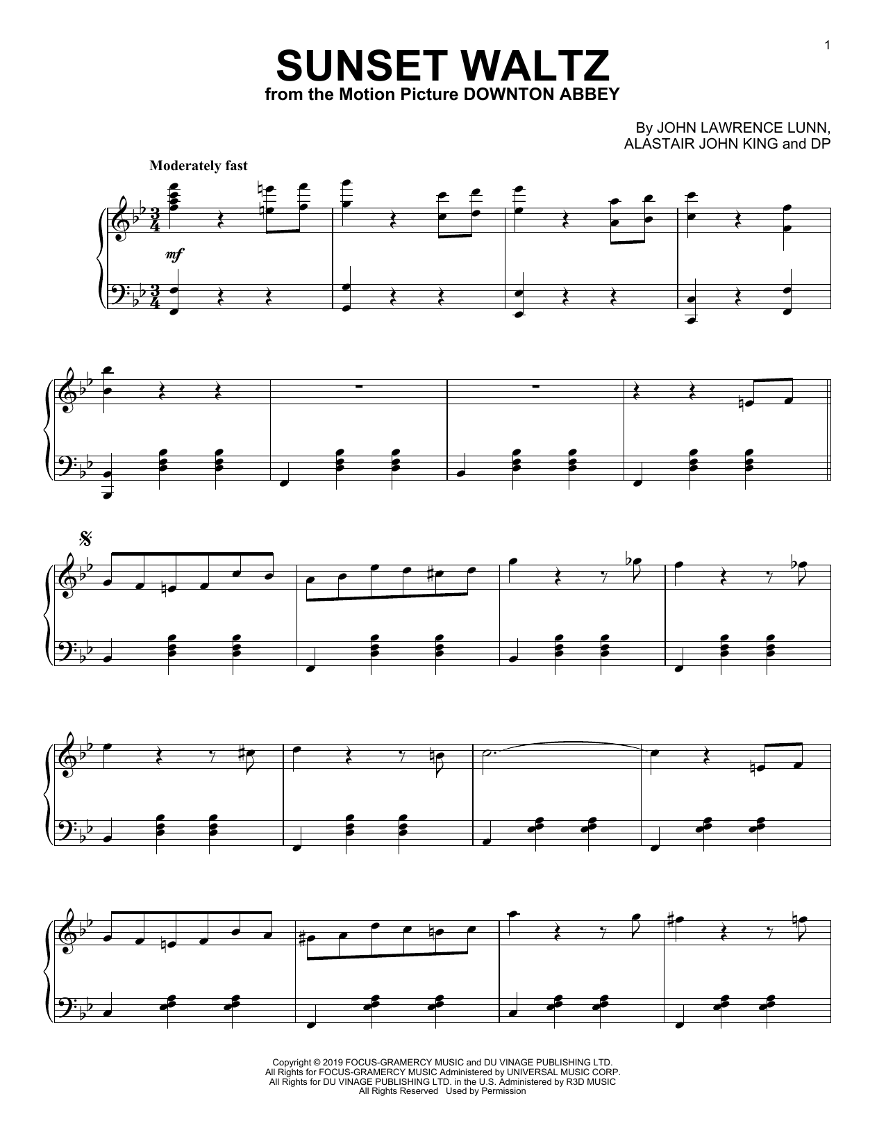 John Lunn Sunset Waltz (from the Motion Picture Downton Abbey) sheet music notes and chords arranged for Piano Solo