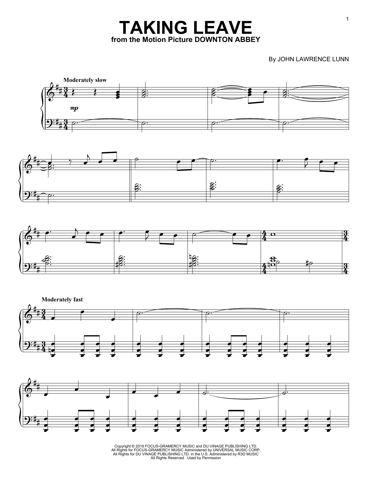 John Lunn Taking Leave (from the Motion Picture Downton Abbey) sheet music notes and chords arranged for Piano Solo