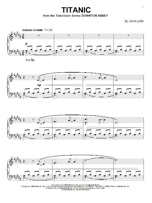 John Lunn Titanic (from Downton Abbey) sheet music notes and chords arranged for Piano Solo