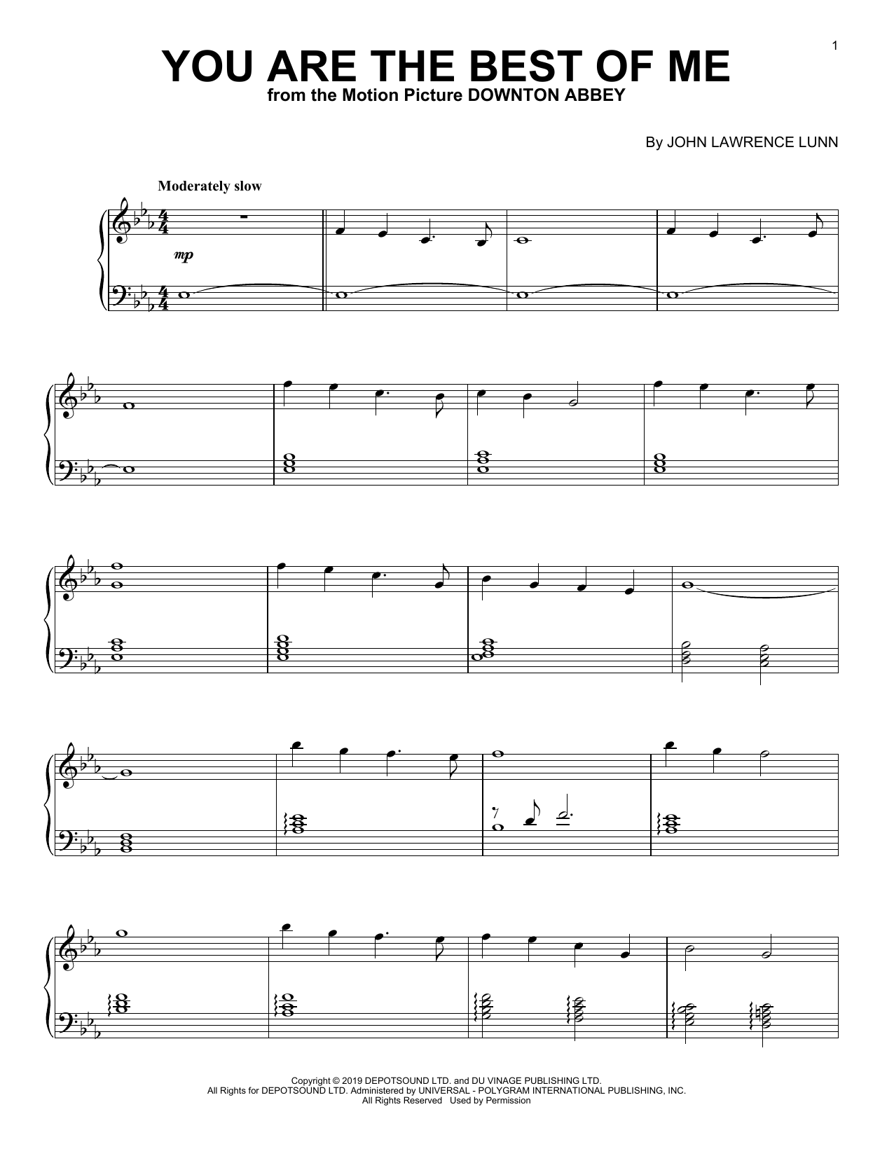 John Lunn You Are The Best Of Me (from the Motion Picture Downton Abbey) sheet music notes and chords arranged for Piano Solo