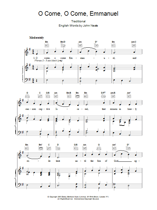 John M. Neale O Come, O Come Emmanuel sheet music notes and chords arranged for Piano, Vocal & Guitar Chords