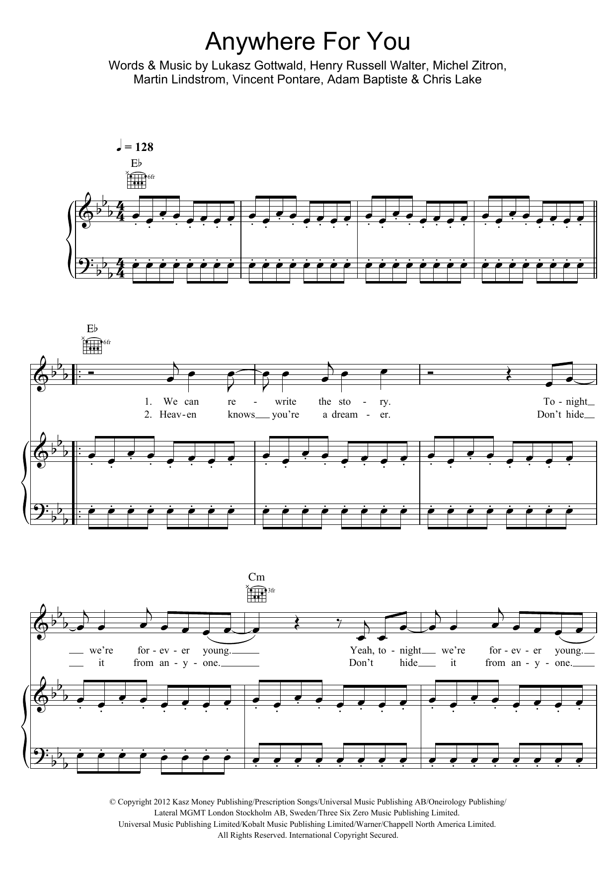 John Martin Anywhere For You sheet music notes and chords arranged for Piano, Vocal & Guitar Chords
