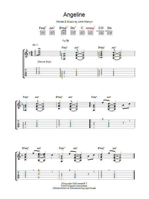 John Martyn Angeline sheet music notes and chords arranged for Guitar Tab
