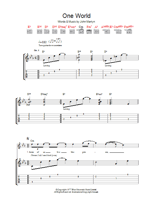 John Martyn One World sheet music notes and chords arranged for Guitar Tab