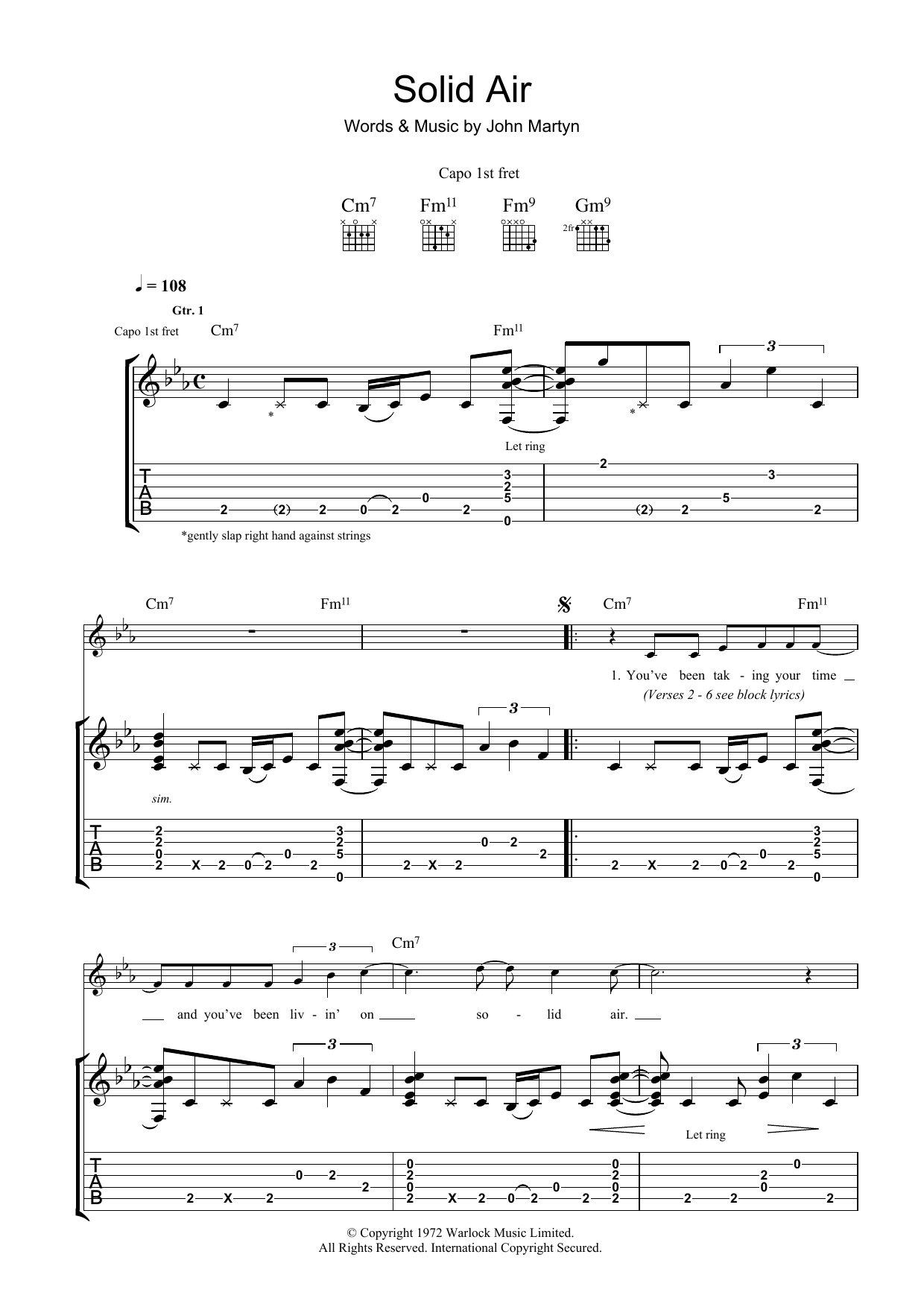 John Martyn Solid Air sheet music notes and chords arranged for Ukulele