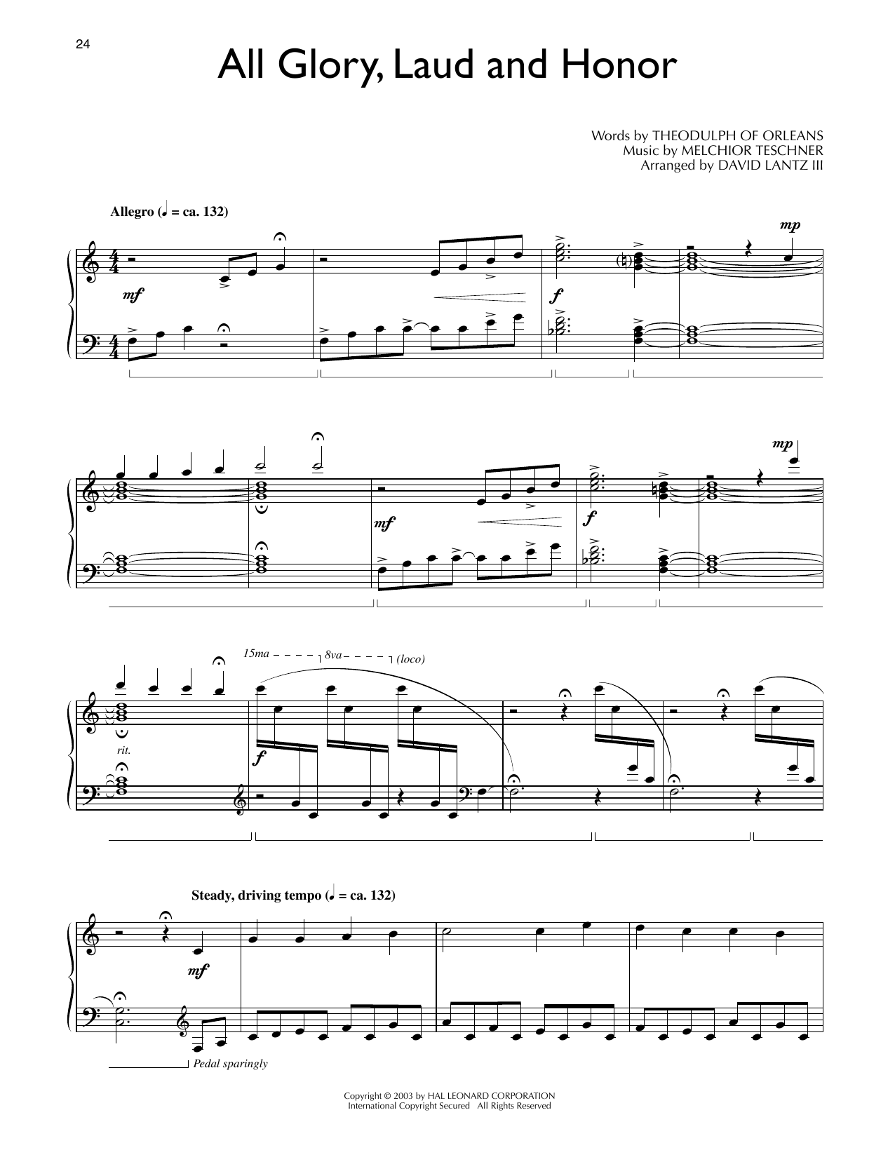 John Mason Neale All Glory, Laud And Honor (arr. David Lantz III) sheet music notes and chords arranged for Piano Solo