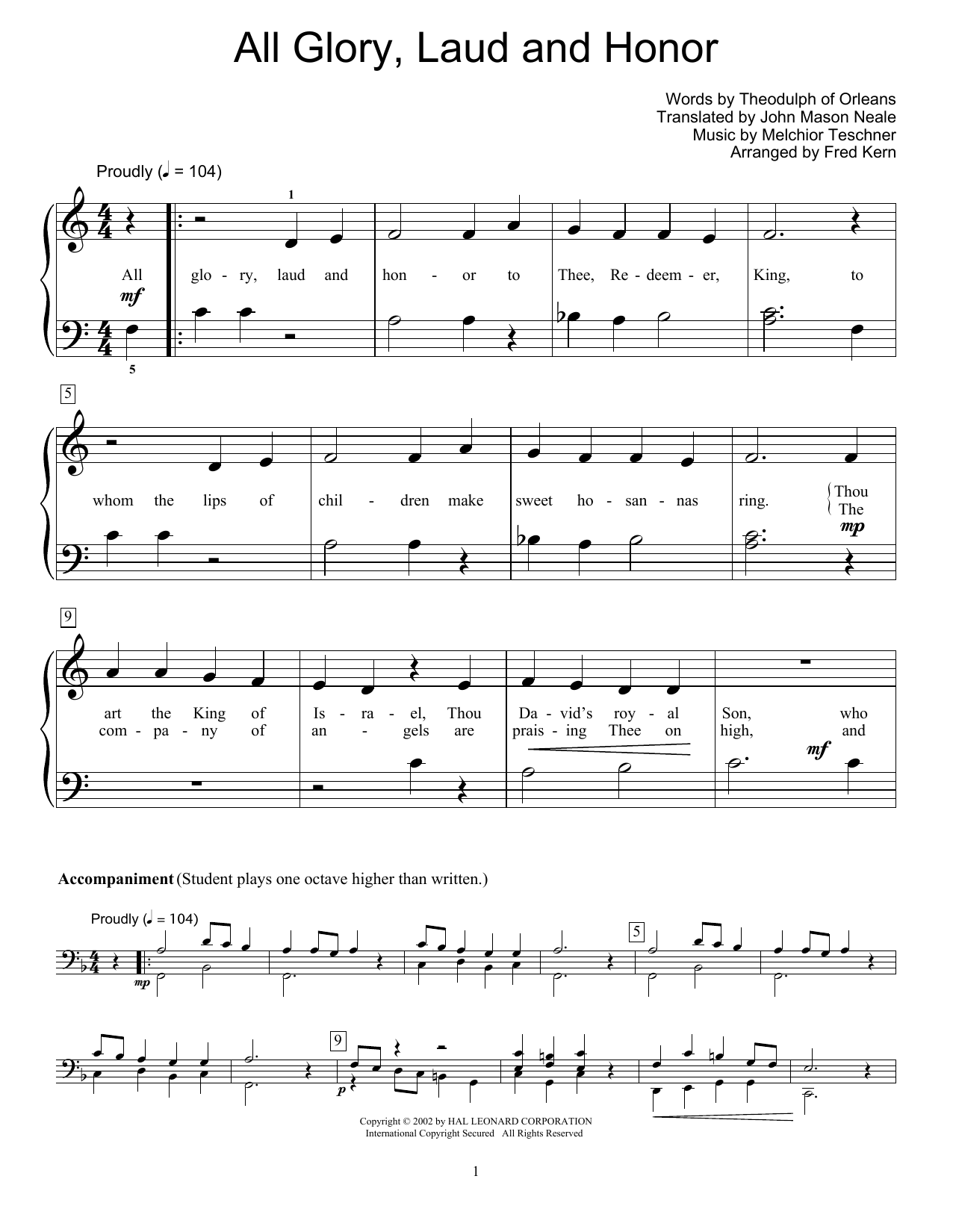 John Mason Neale All Glory, Laud And Honor (arr. Fred Kern) sheet music notes and chords arranged for Educational Piano