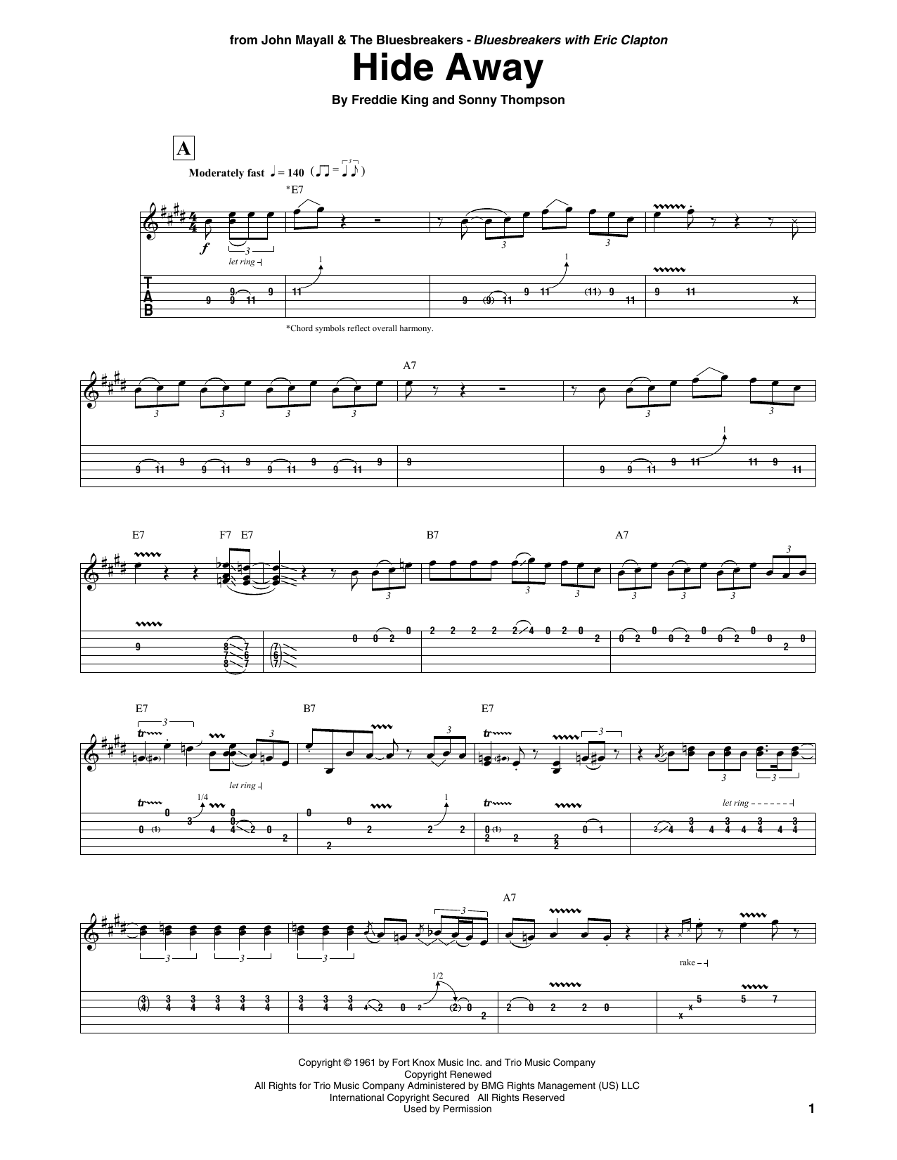 John Mayall & The Bluesbreakers Hide Away sheet music notes and chords arranged for Guitar Tab