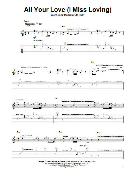 John Mayall's Bluesbreakers All Your Love (I Miss Loving) sheet music notes and chords arranged for Guitar Tab (Single Guitar)