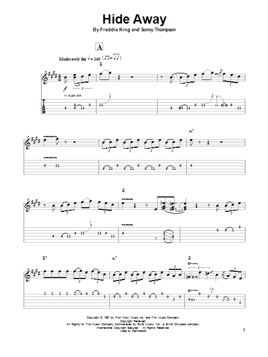 John Mayall's Bluesbreakers Hide Away sheet music notes and chords arranged for Guitar Tab (Single Guitar)