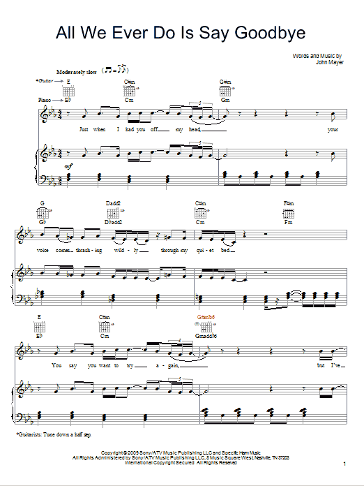 John Mayer All We Ever Do Is Say Goodbye sheet music notes and chords arranged for Guitar Tab