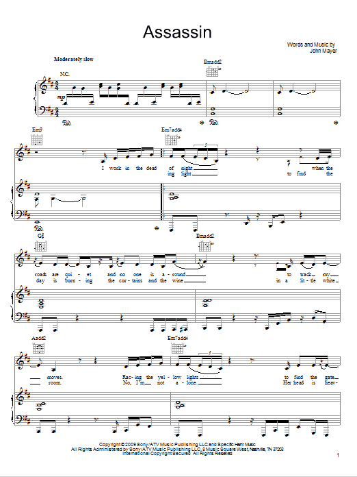John Mayer Assassin sheet music notes and chords arranged for Guitar Tab